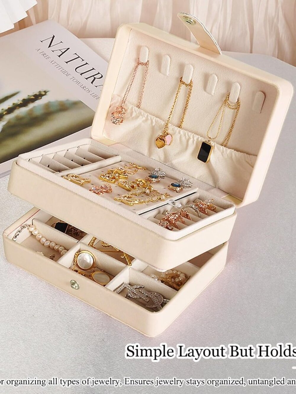 Travel Jewelry Case, 2-Layer Large Jewelry Organizer Box, Beige, PU Leather - Picture 2 of 7
